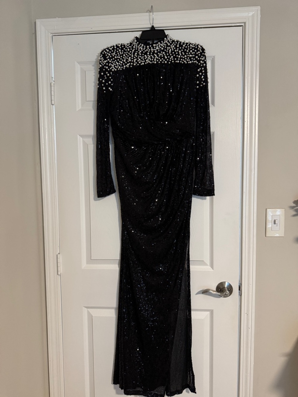 Black Beaded Long Sleeve Evening Gown